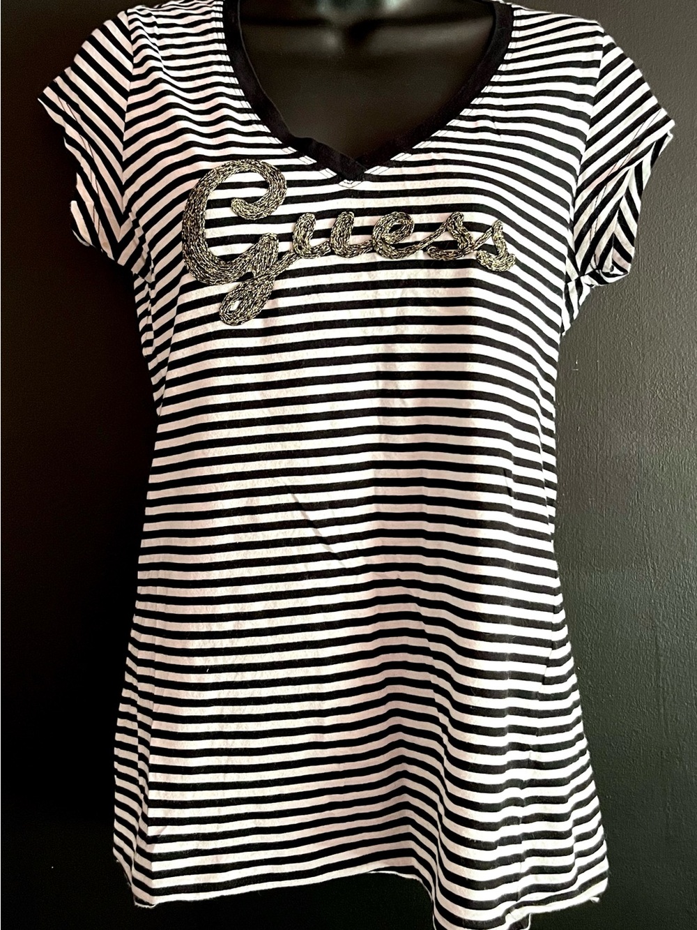 Vintage Guess Black & White Striped V-Neck Tee with Glitter Logo Y2K